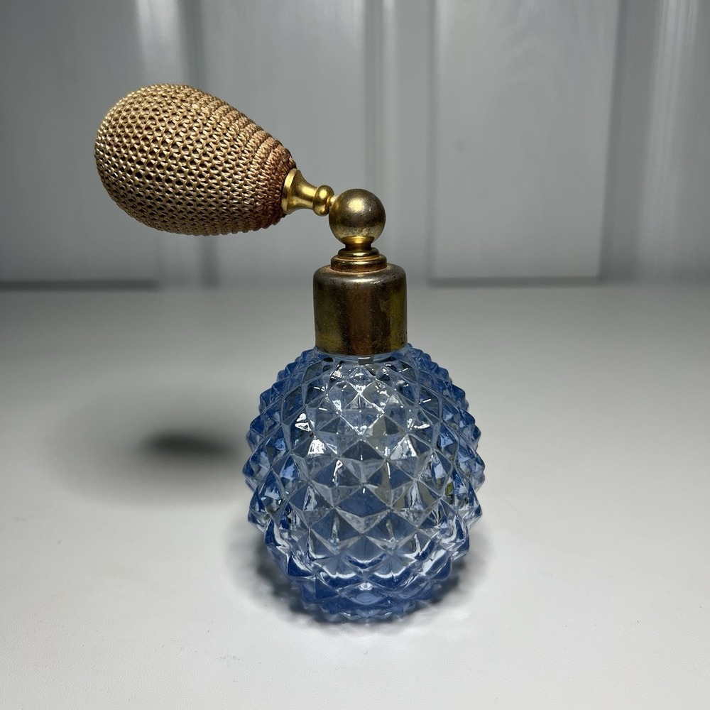 Vintage Blue Glass Perfume Bottle Atomizer Brass Fittings Crocheted Bulb Cover